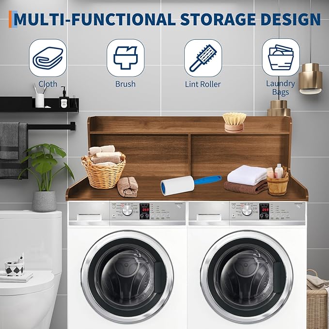 2 Tier Washer Dryer Countertop with Shelf54x27.5in Waterproof Wood Organizer Rack with StorageSpace-Saving Leader for Laundry RoomWalnut