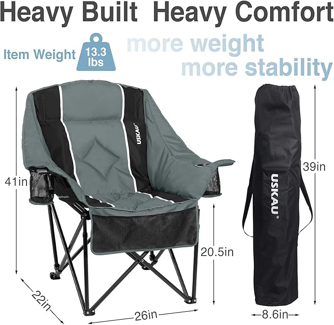 Oversized Camping Chair for Adults - Heavy Duty 400 lbs Padded Folding Chair with Wine Glass Holder 2 Cup Holders &amp Side Pockets Portable Carry Bag for RV Tailgating Lawn
