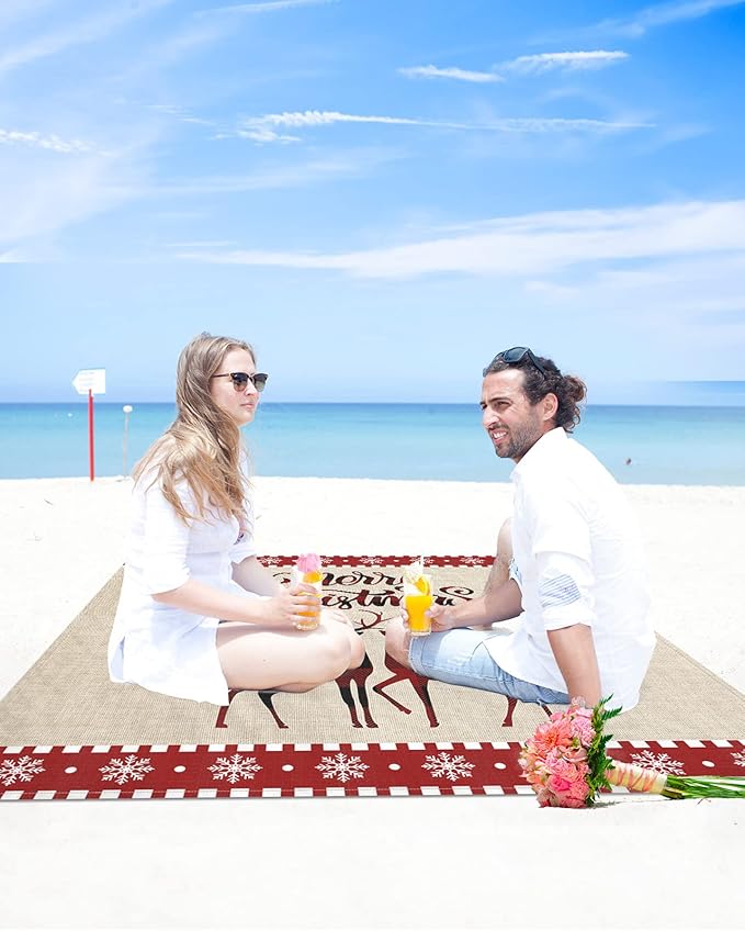 Beach Blanket Waterproof Sandproof Merry Christmas Elk Red Buffalo Plaid Quick Drying Beach Mat with 4 Stakes Winter Snowflake Cute Animal Lightweight Picnic Blanket for Travel Camping 83x79