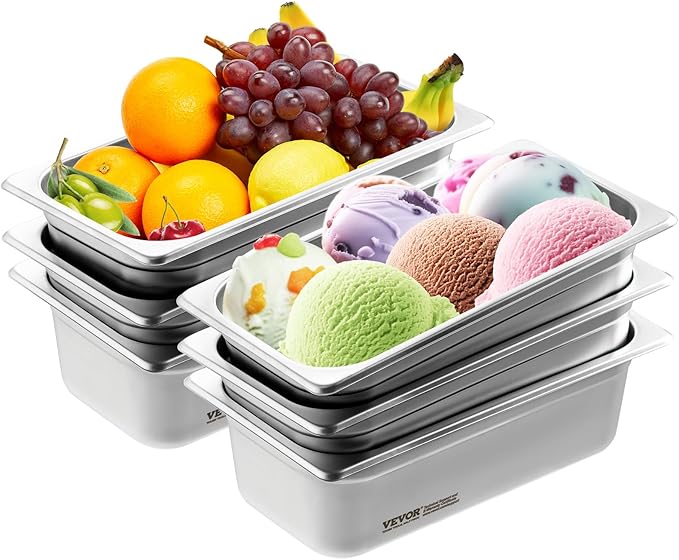 VEVOR 6-Pack Stainless Steel Hotel Pans - 1/3 Size 4-Inch Deep 0.8mm Thick Anti-Jam Commercial Food Pans for Steam Tables Restaurants Catering &amp Industrial Use