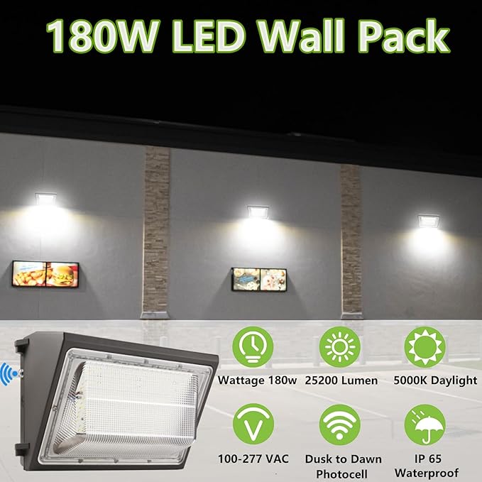 2PACK Dusk to Dawn 180W LED Wall Pack Light Fixture 25200LM 1500W HPS/HID Equivalent100-277V 5000K Daylight Commerical/Industrial Outdoor Security Lighting Parking LotEntrance Warehouse