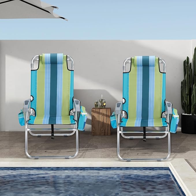 VINGLI 2 Pack Tall Beach Chair 16 with 5-Position Cooler Bag Cup Holders Towel Bar Lightweight Folding Beach Camping Chairs for Adults