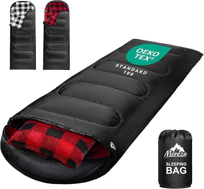 MEREZA Flannel Sleeping Bag for Adults Mens with Pillow XL Cold Weather Sleeping Bag for 30 Degree 4 Season Camping Large Big and Tall Sleeping Bags with Compression Sack