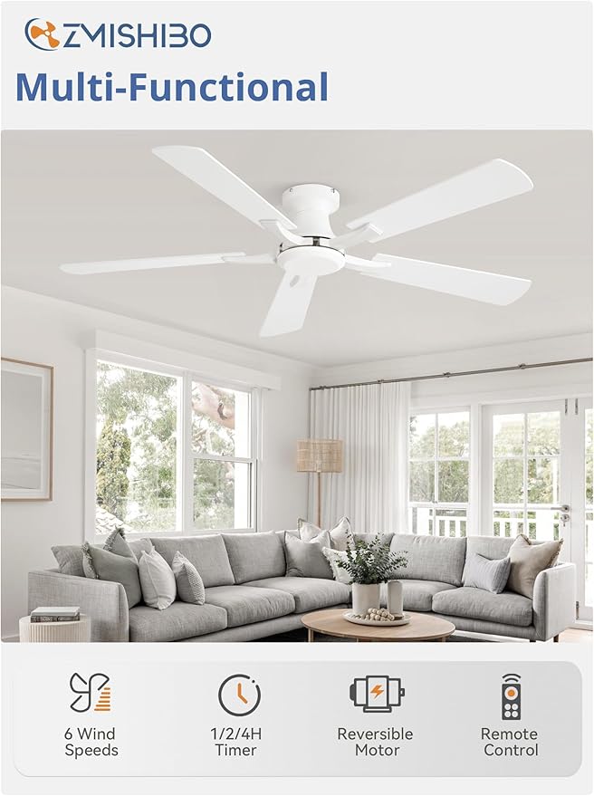 ZMISHIBO 52 Inch Ceiling Fan No Light Flush Mount Low Profile Modern White Ceiling Fan Without Light Remote Control &amp Quiet DC Motor for Indoor&ampOutdoor Bedroom Living Room