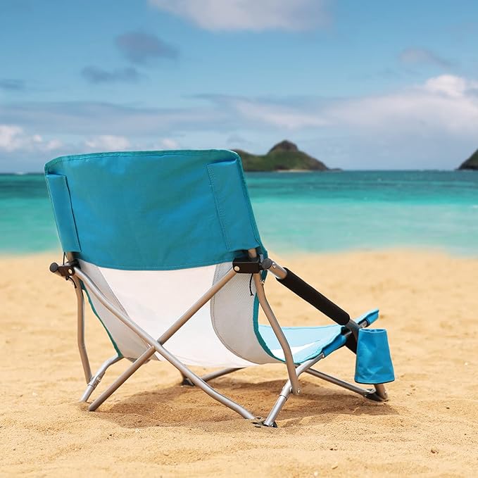 HAUSHOF Low Beach Chair Mesh Back Folding Chair Lightweight Low Seat Camping Chairs with Cup Holder Carry Bag Padded Armrest for Outdoor Beach Lawn Camping Picnic Festival