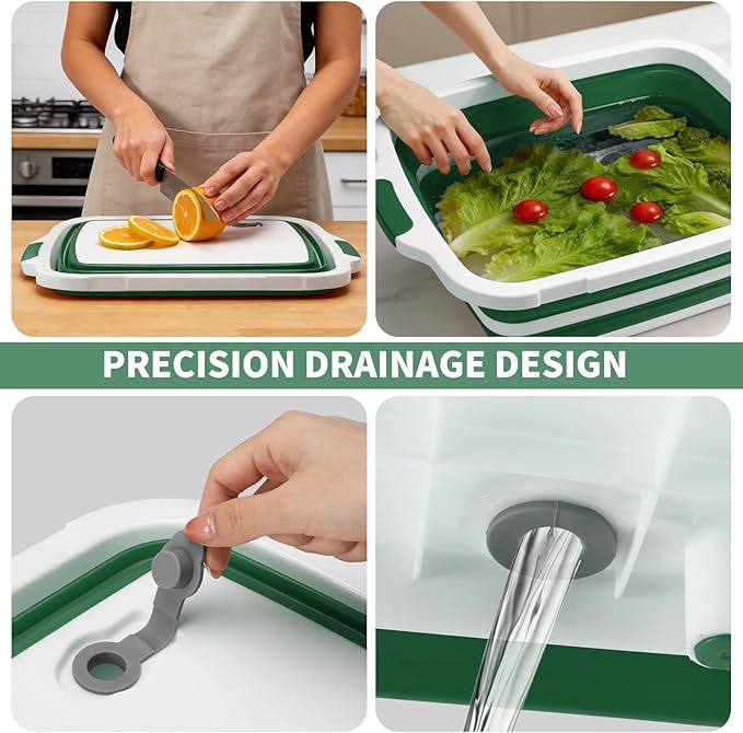 Collapsible BBQ Prep Tub for Meal Prep MarinatingFood Storage picnics camping barbecuescutting fruits and vegetables - Includes Cutting Board and Locking Lid(X-Large) Green
