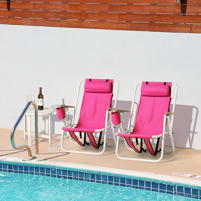 Backpack Beach Chair 4 Position Folding Reclining Lounge Heavy Duty Steel Frame 330 lbs Capacity &amp Wooden Armrests Set of 2 23x21.7x31.5 Pink
