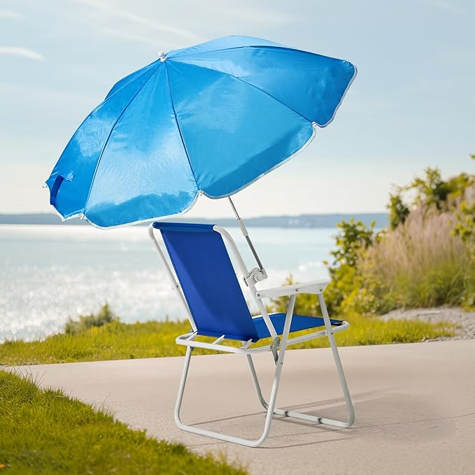 Folding Beach Chair with Umbrella – Portable Lightweight Lounge Chair for Adults with High Back &amp Heavy-Duty Frame UPF Sun Protection for Beach Camping Park Concerts (Blue)