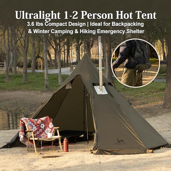 MC TOMOUNT 3.6lb Ultralight Hot Tent with Stove Jack 4 Season 1-2 Person Tipi Backpacking Tent for Camping 20D Ripstop Nylon Windproof Waterproof Winter Teepee Tents for Hiking Survival Hunting