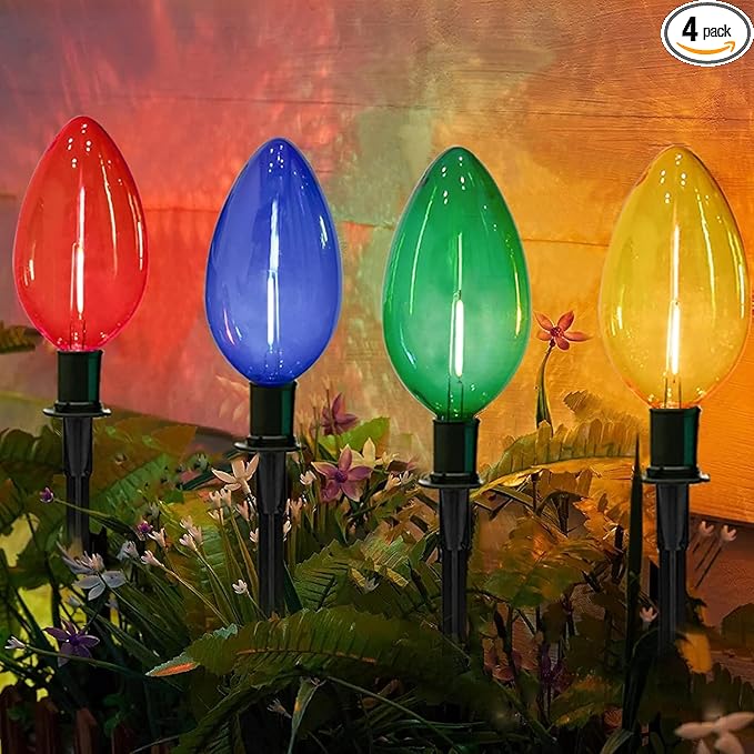 C9 Christmas Multicolor Pathway Lights 7Ft Outdoor Christmas Pathway Markers Lights with 4 Jumbo C9 LED Multicolor Bulbs Connectable Walkway Lights for Driveway Yard Garden