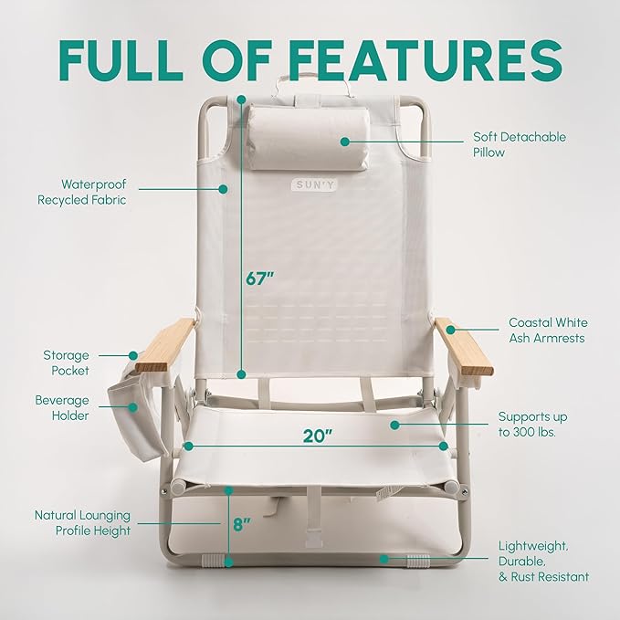SUN'Y Escapes Backpack Beach Chair - Made w/Ocean Bound Plastics Customizable w/MOLLE Accessories Ultra Lightweight Low-Seat Natural Comfort Durable Rust Free &amp Waterproof - Sea Green