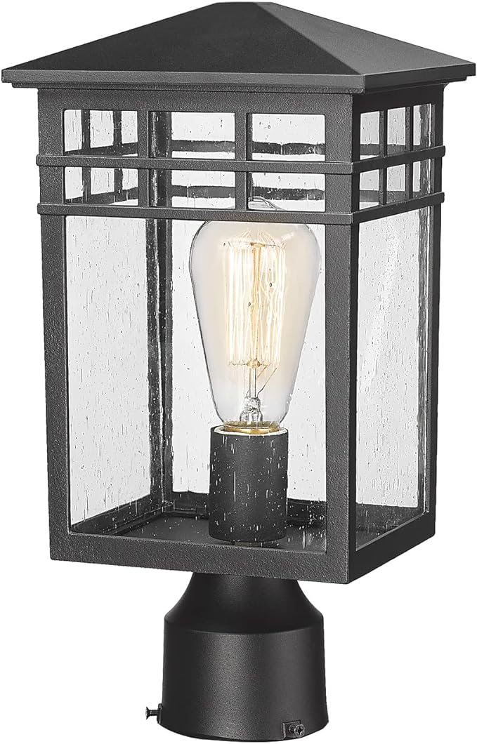 Outdoor Post Light Fixture Modern Exterior Pillar Lantern with Black Finish &amp Seeded Glass Pole Light for Garden Backyard Courtyard Patio Porch RZ009-P BK