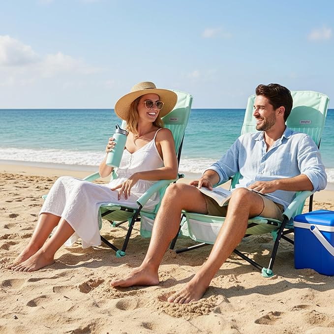 SUNNYFEEL Folding Beach Chair High Back Beach Chairs for Adults Lightweight Portable Camp Chair 300lbs Heavy Duty with Carry Bag Cup Holder for Outdoor Travel Picnic Concert 2 Pack Green