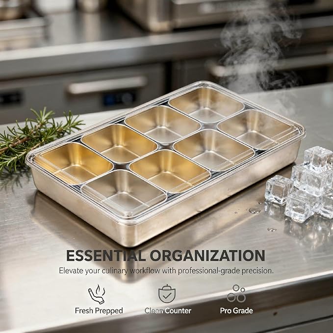 8-Compartment Stainless Steel Yakumi Pan 20.29 Oz / 600 Ml Each Section with Clear Lid and Spoon Commercial Condiment Containers for Tea Ice Jelly Shops