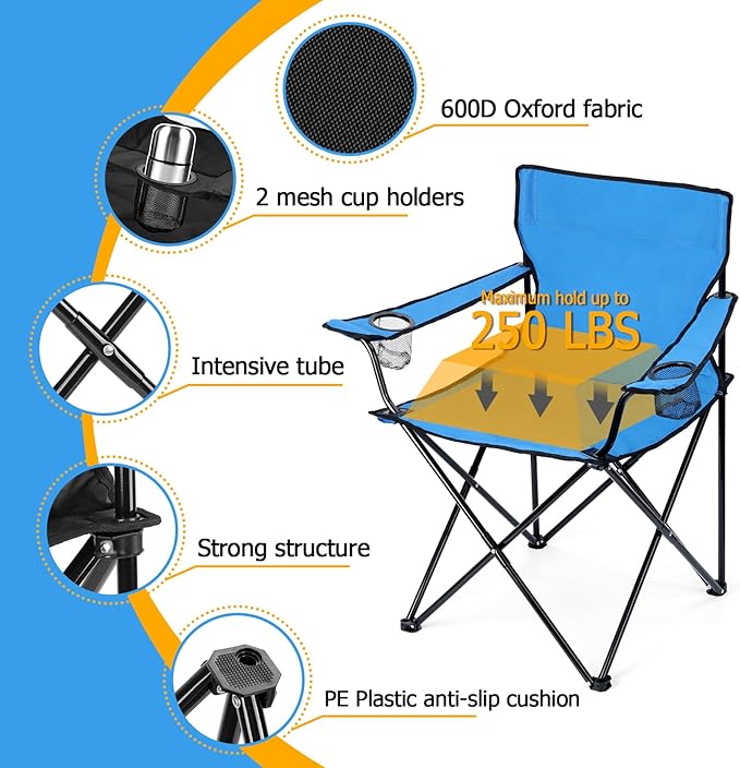 HaSteeL Folding Camping Chair Set of 3 Foldable Blue Camp Chairs &amp Grey Table Large Lawn Chair Portable for Adults Hiking Fishing Picnic Outdoor BBQ Travel Sports Cup Holders &amp Storage