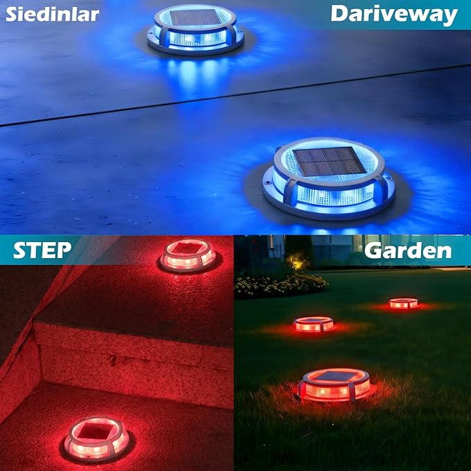 SIEDiNLAR Solar Deck Lights Outdoor 2 Modes 16 LEDs Dock Light Driveway Markers Solar Powered Waterproof for Ground Step Stair Pathway Walkway Garden Yard Road 12 Pack (Blue/Red)