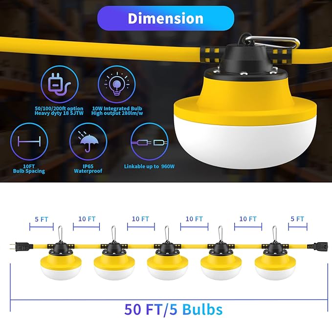 New Upgrade 50FT Construction String Lights LED Industrial Grade Best for Construction SitesRenovation WalkwaysPatioMine caveOutdoor Lighting Solutions UseFree for Climbing Hook 2Prong