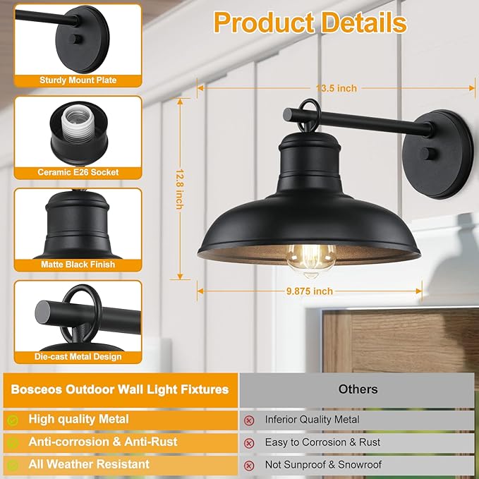Outdoor Wall Lights - 4-Pack Black Sconces Farmhouse Barn Lights Modern Indoor Wall Mount Lighting Fixtures with E26 Socket Anti-Rust Waterproof Exterior Lantern for Patio Porch Doorway Garage