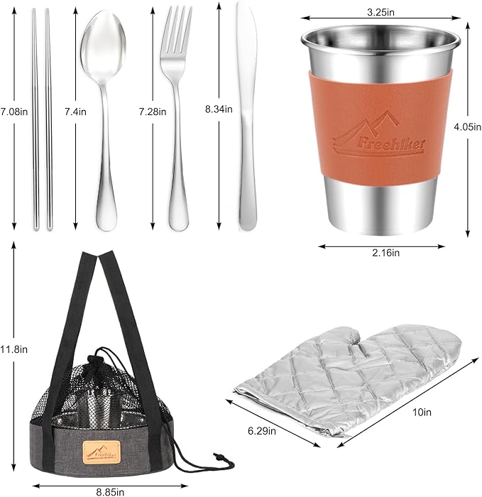 Camping Mess Kit - 1 to 2 persons Camping Dishes includes Cups Bowls Knives Forks Spoons Camping Dinnerware Set Camping Cooking Utensils Accessories Plates Dinnerware Set