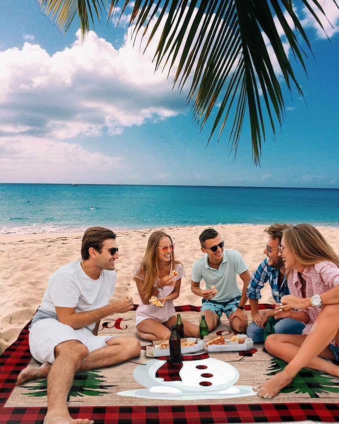 Beach Blanket Waterproof Sandproof OversizedChristmas Cute Snowman Tree Winter Snowflake Beach Mat with Corner Stakes Sand PocketsRed Buffalo Plaid Retro Plank Picnic Mat for Travel 83x79In