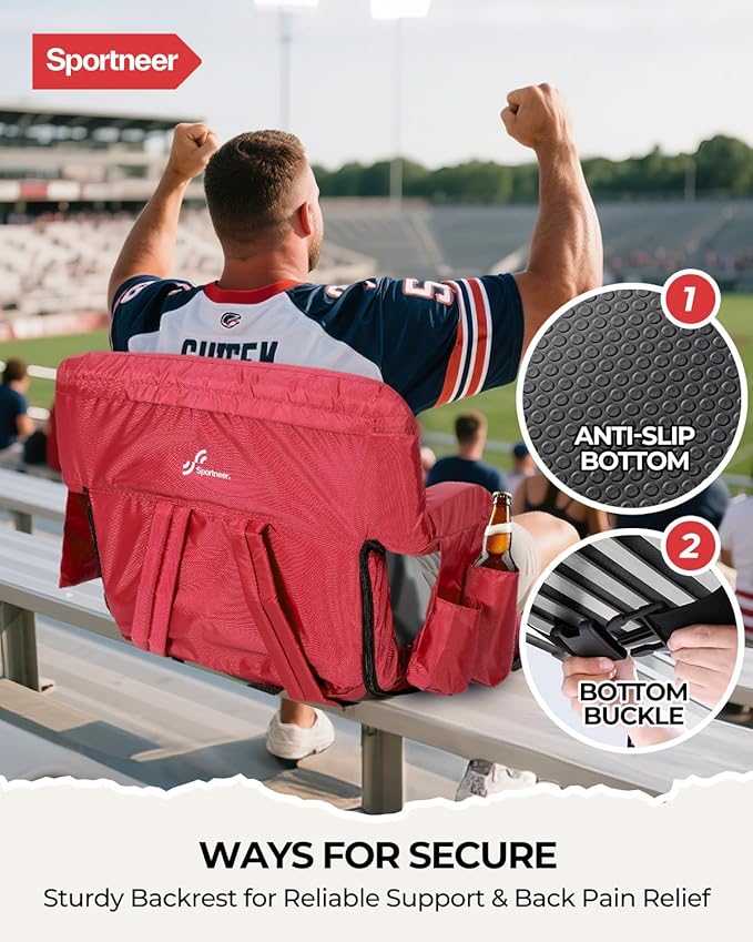 Sportneer Stadium Seats with Back Support: 2.5'' Thick Comfy Cushion 6 Adjustable Angle Bleacher Seat with Armrest - 2 Large Pockets 2 Cup Holders Stadium Chair for Sport Events Concerts Parks