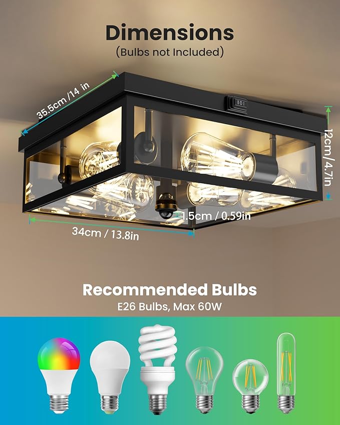 Caftersmark Outdoor Ceiling Light with Motion Sensor 14‘’ Flush Mount Porch Ceiling Light lear Glass with Dusk to Dawn 4-Light Close to Ceiling Light Fixture for PatioPorchGarage