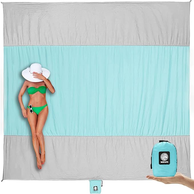 WEKAPO Beach Blanket Sandproof Waterproof Extra Large Beach Mat Oversized &amp Compact Sand Free Quick Drying Beach Essentials for Vacation Cruise Picnic &amp Camping with Stakes