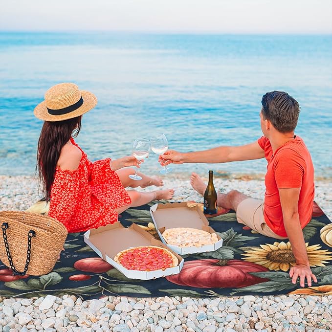 Waterproof Sandproof Beach Blanket 59''×68'' Sunflower Pumpkin Polyester Outdoor Picnic Blanket with 4 Stakes &amp Storage Bag for BeachCampingVacation Food