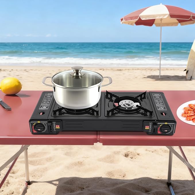 2-Burner Portable Camping Stove Butane Camping Stove Outdoor Travel Camp Stove for Camping BBQ Home (without Grill Tray)