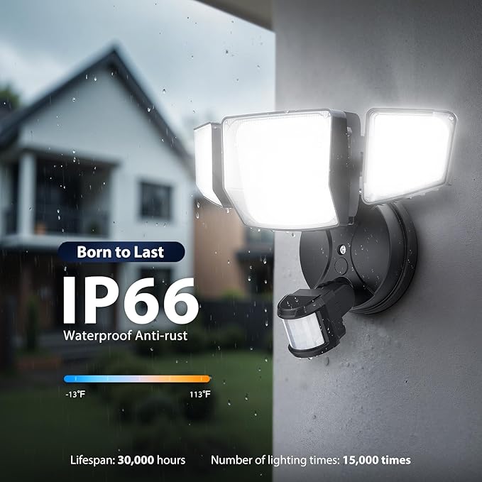 Onforu 90W 10000LM LED Motion Sensor Outdoor Lights 4-Head Dusk to Dawn Outdoor Lighting Hardwired Flood Lights IP66 Waterproof 6500K Security Floodlight for Outside (Black)