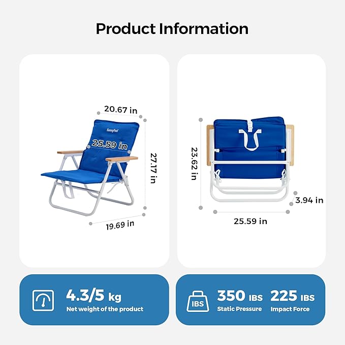 SUNNYFEEL Foldable Beach Chair Beach Chair Backup with Wood Armrest &amp Cushion Lightweight Camping Chair Heavy Duty for Beach Camping Lawn Outdoor Blue