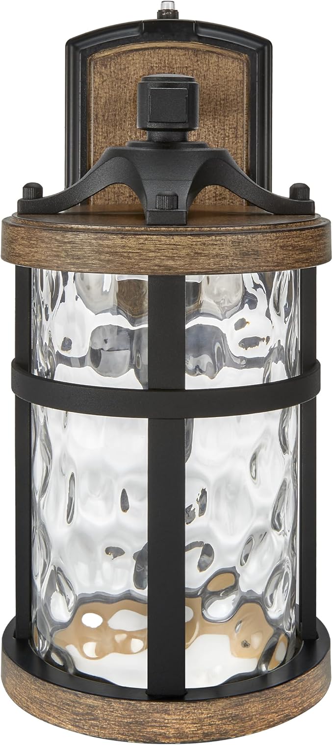 Maxxima LED Outdoor Wall Light Black w/Wood Grain Style Finish Clear Hammered Glass 800 Lumens 3000K Warm White Dusk to Dawn Sensor Farmhouse Wall Mount Sconce Rustic Coach Lantern