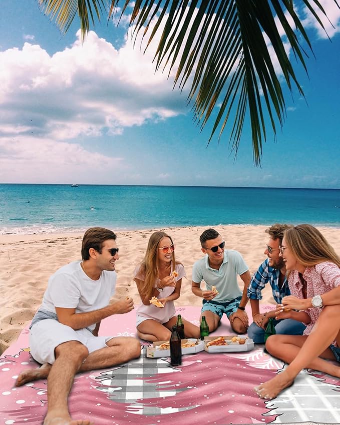 Beach Blanket Waterproof Sandproof OversizedPink Christmas Tree Snowflakes Seamless Beach Mat with Corner Stakes Sand PocketsLattice Pine Tree Outdoor Picnic Mat for Travel Camping Hiking 95x80In