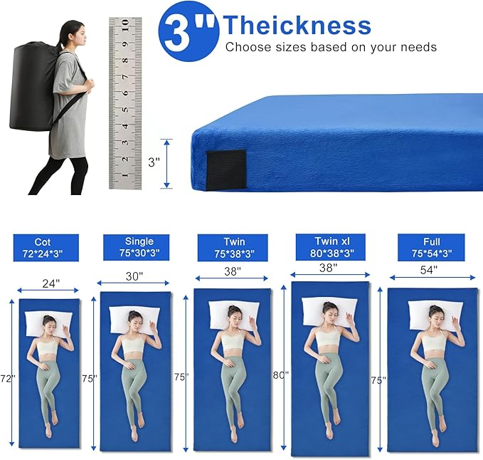 Memory Foam Camping Mattress pad Sleeping Mat for Adults with Non-Slip Bottom Portable Roll Up Mattress Cot Pad for Car Camping(Twin XL Blue)