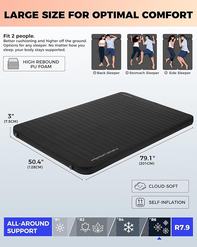 KingCamp Self Inflating Camping Pad Ultra 6 Thick or Ideal 3 Thcik High R Value Air &amp Foam Camping Mattress Full Size Double Sleeping Pad 2 Person for Camp Tent Outdoor Car Multi Colors PVC