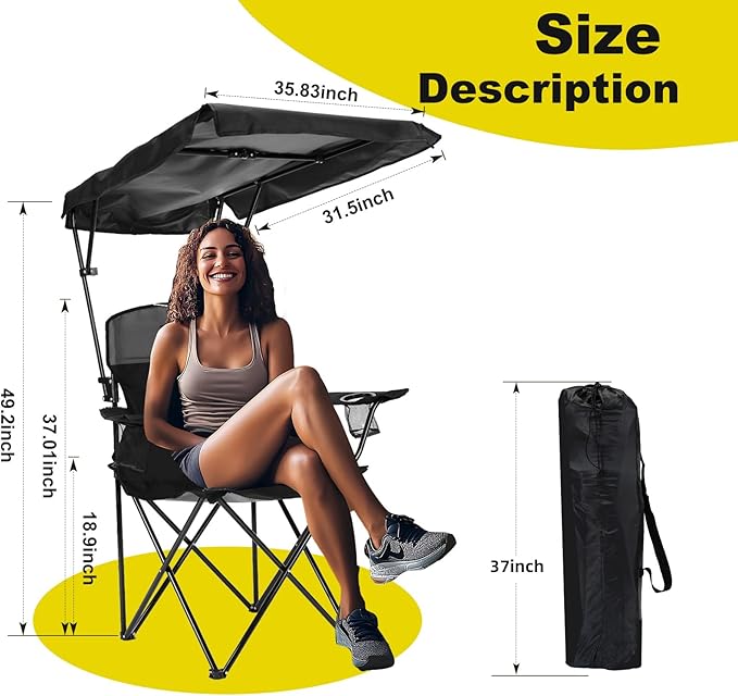 YOUNG WOOD Portable Camping Chair Beach Chair with Shade Canopy Fold Lightweight Oversized for All Easy to Open and Close Without Installation Side Pocket Design for All Outdoor ActivitiesBlack