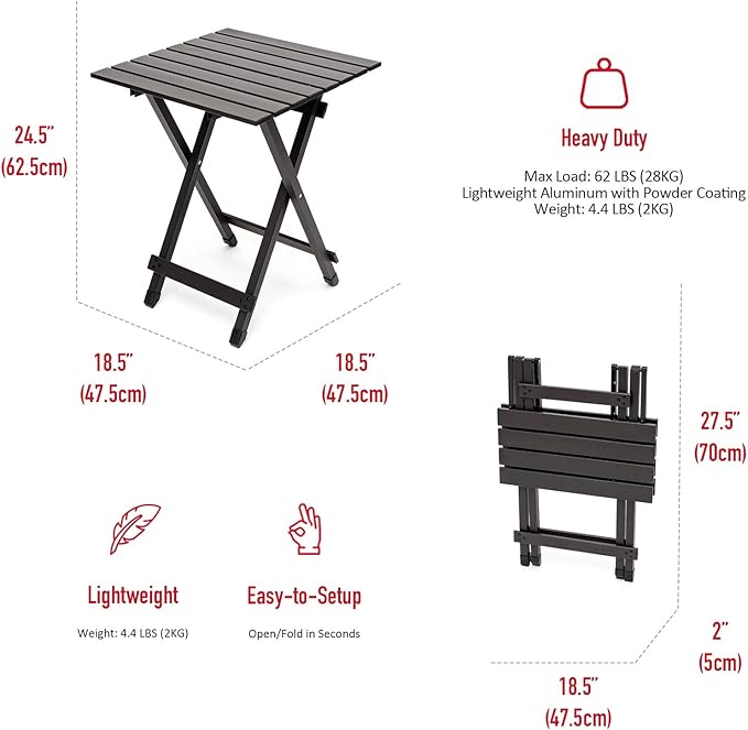 SUNNYFEEL Folding Camping Table - Lightweight Aluminum Portable Picnic Table 18.5x18.5x24.5 Inch for Cooking Beach Hiking Travel Fishing BBQ Indoor Outdoor Small Foldable Camp Tables