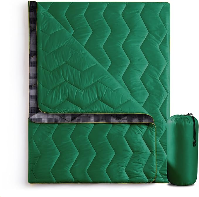 UNIKOME Waterproof Puffy Camping Blanket - Lightweight Packable Outdoor Quilt with Corner Loops Warm Compact Blanket for Cold Weather Hiking Picnic Stadium Travel 75×52 Green