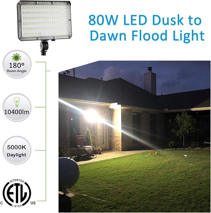 80W Outdoor LED Flood Light Dusk to Dawn 5000K 10400LM AC100-277V 800W HID EquivalentETL Listed IP65 Waterproof Knuckle Mount Floodlight with Plate for Yard Garage