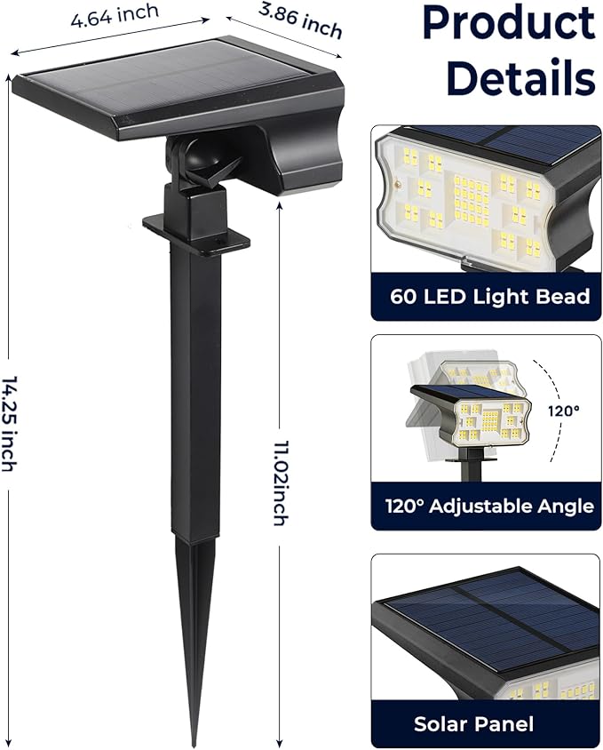 HGGH Solar Lights Outdoor Waterproof IP67 60 LED 3 Lighting Modes Solar Spot Lights Outdoor for Yard Garden Pathway Landscape Auto On/Off Function 2 in 1(Warm White 4 Pack)