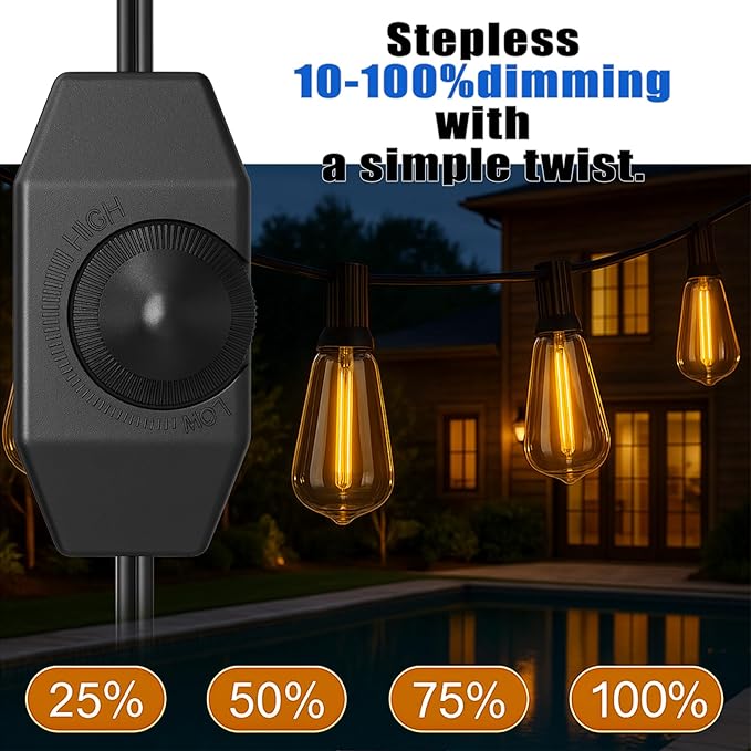 100ft Outdoor String Lights with Rotary Dimmer 52 LED Edison Bulbs Dimmable Waterproof Shatterproof 2200K Warm