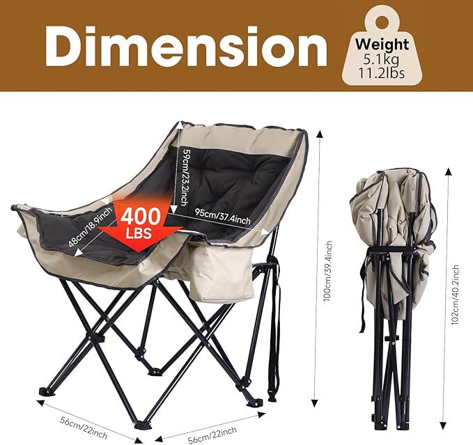 CDEN Camping Chair Thick Padded Lawn Chair Oversized Camping Chair Deluxe with Cup Holder Side Pocket Cooler Bag for Camping Hiking Picnic Travel Festival (1 Pack)