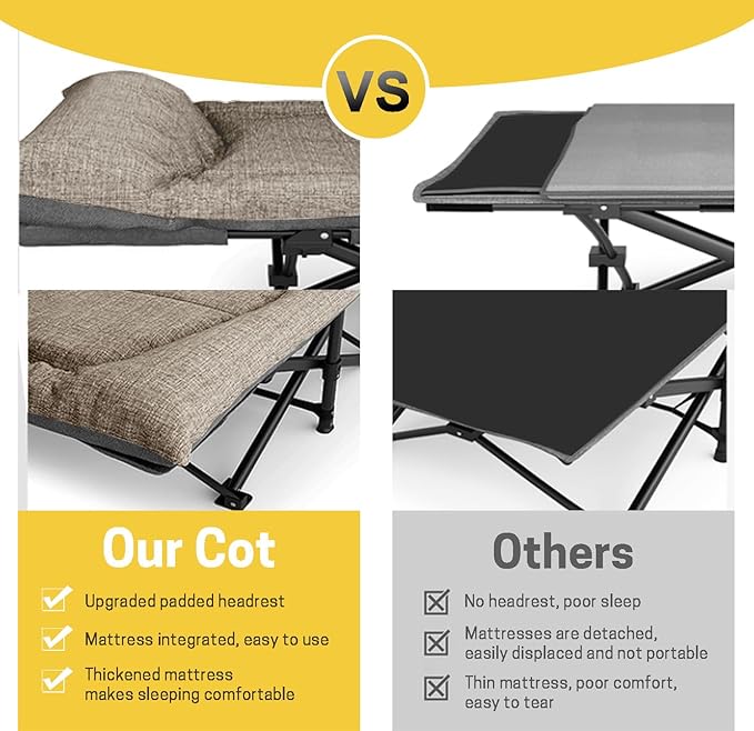 ATORPOK Camping Cot for Adults with Cushion and Pillow Portable Folding Bed for Sleeping Lightweight Tent cot with Carry Bag Supports 450 lbs (Khaki)