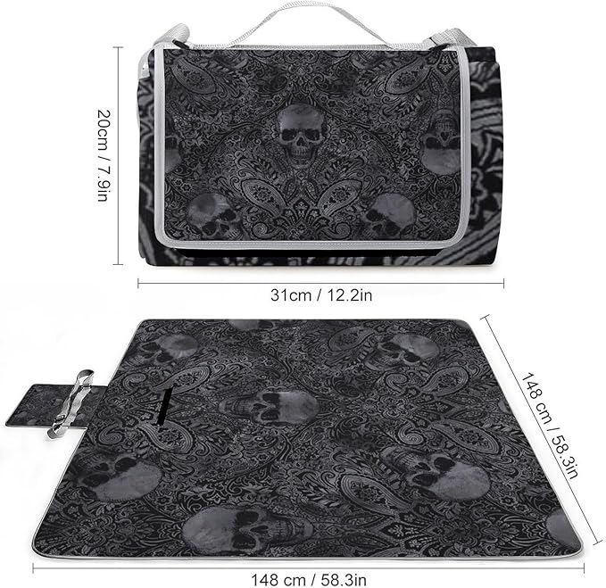 Gothic Skulls Damask Style Black White Waterproof Outdoor Picnic Blanket Sandproof Beach Mat for Camping Hiking Grass Travelling