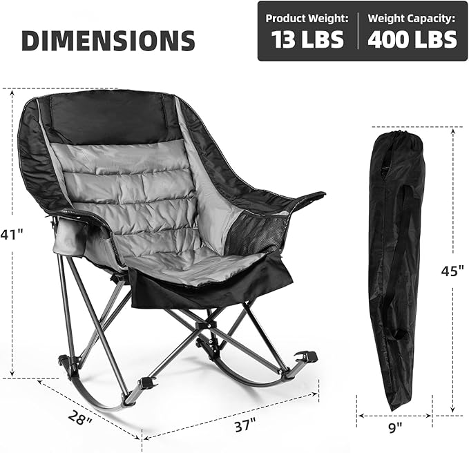 Oversized Rocking Camping Chair for Adults - 400lbs Capacity Padded Camp Chair with Cup Holder Portable Foldable Outdoor Rocker Chair for Camping Backyard Patio (Black &amp Gray)