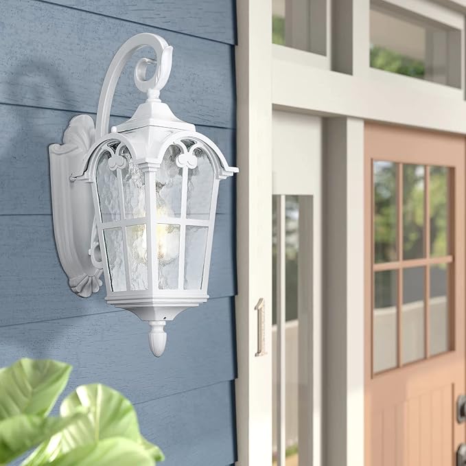 Emliviar Outdoor Wall Lights 1-Light Modern Outside Lights for House 17.5 Inch Height with Water Glass White Finish WE215B WH