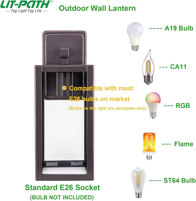 LIT-PaTH Outdoor Wall Lantern Wall Sconce as Porch Lighting Fixture E26 Medium Base Max 60W Anti-Rust Metal with Glass Shade Oil Rubbed Bronze Finish 2-Pack