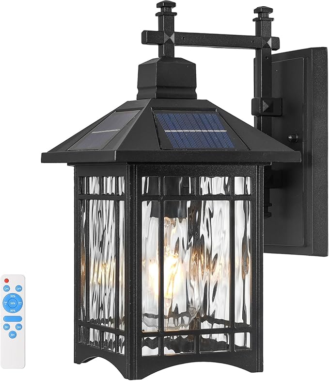 Solar Powered SconceBlack Porch Light Dusk to Dawn Outdoor Solar Wall LightsWaterproof Exterior Lights for Patio Yard House Hallway Doorway Garagewith Water Pattern Glass Shade