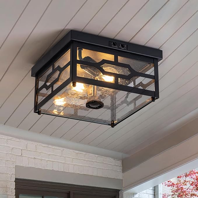 Outdoor Ceiling Light with Motion Sensor Flush Mount Squares Porch Light 2-Light Dusk to Dawn Ceiling Lights Fixture with Clear Glass for Entryway Farmhouse Garage Front and Back Yards Black