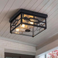Outdoor Ceiling Light with Motion Sensor Flush Mount Squares Porch Light 2-Light Dusk to Dawn Ceiling Lights Fixture with Clear Glass for Entryway Farmhouse Garage Front and Back Yards Black